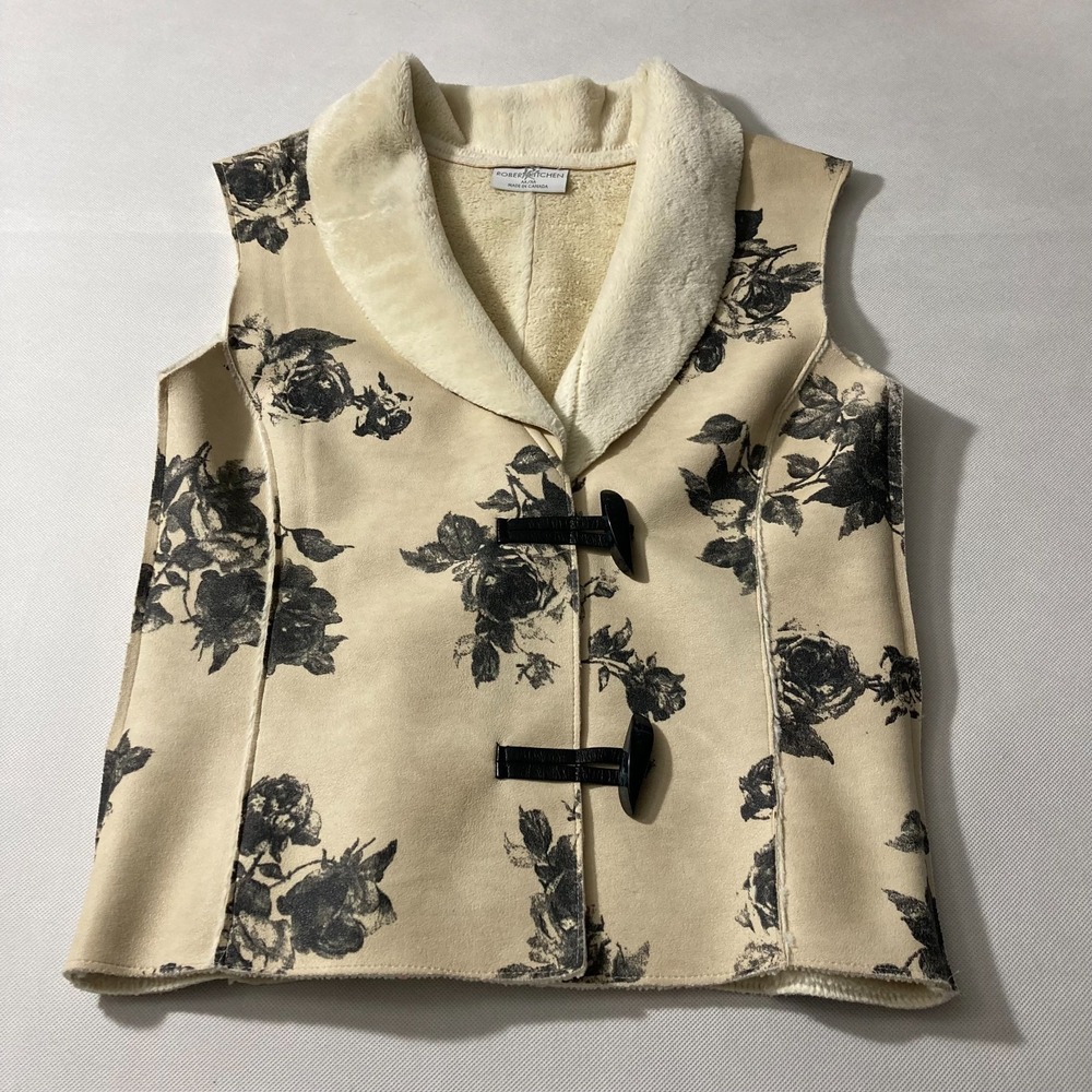 Robert Kitchen Floral Faux Shearling Vest Size M - Made in Canada - Toggle Front